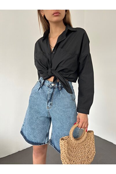 Fav Style Kadın Yüksek Bel Bermuda Geniş Paça Kot Şort Yıkamalı Mavi