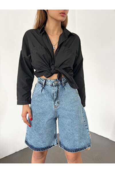 Fav Style Kadın Yüksek Bel Bermuda Geniş Paça Kot Şort Yıkamalı Mavi