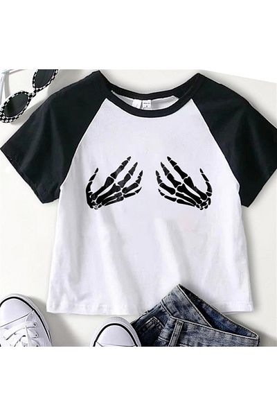 Touz Skeleton Hands Printed Raglan Sleeve White Crop