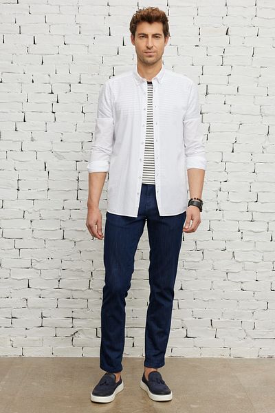 ALTINYILDIZ CLASSICS Men's White Slim Fit Narrow Cut Button Collar 100% Cotton Shirt