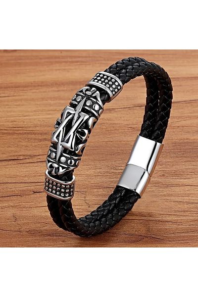 Gogoey Men's Leather Bracelet Stainless Steel Metal Silver Bracelet Black Buckle For Male Jewelry