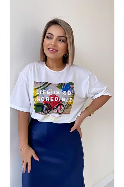 SEDA FİDAN Ανάγλυφο γραμμένο T-Shirt Ecru