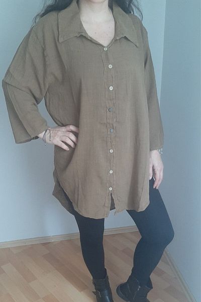 AYASOFYA OTANTIK Women's Brown Bohemian Loose Collar Tunic Shirt