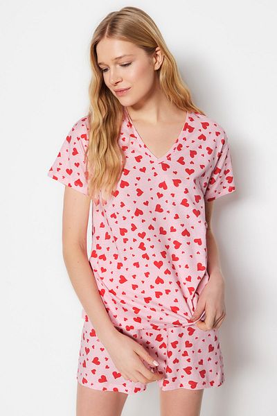 Trendyol Collection Rózsaszín 100% pamut szívmintás rövidnadrág kötött pizsama szett THMSS23PT00013