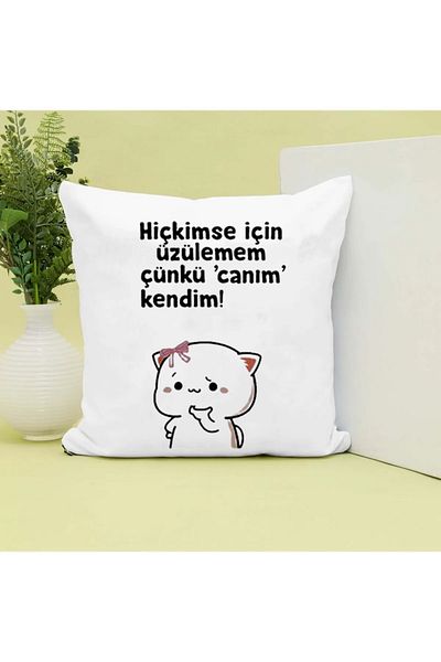GünayStore I Can't Be Sad For Anyone Because My Dear Myself Written Mochi Cat Printed Pillow