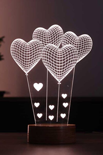 BY-LAMP Küçük Kalp Balon Led Masa Lambası Ahşap Taban 7 Farklı Işık Renkli Ge...
