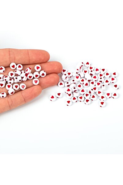 yfhobi 25 gram - 7 Mm Beyaz Üzeri Kırmızı Kalp Figürlü Yassı Plastik Boncuk, ( 25gr - 160-170adet Arası )