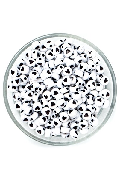 yfhobi 25 Gram - 7 Mm Beyaz Üzeri Siyah Kalp Figürlü Yassı Plastik Boncuk, ( ...