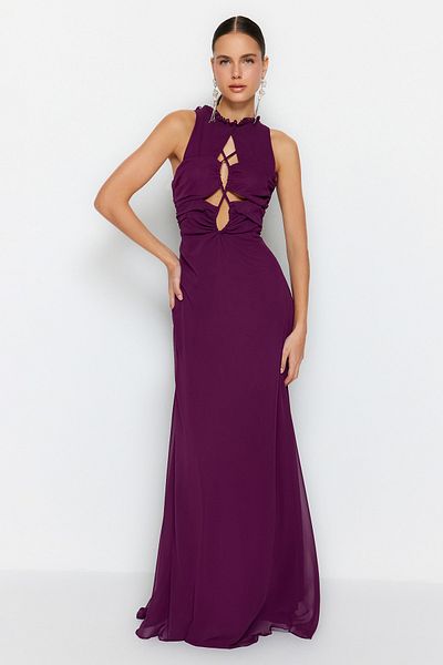 Trendyol Collection Βραδινό φόρεμα A-Cut Plum Chiffon - Φόδρα, Μακρύ, Βραδινό - TPRSS23AE00026