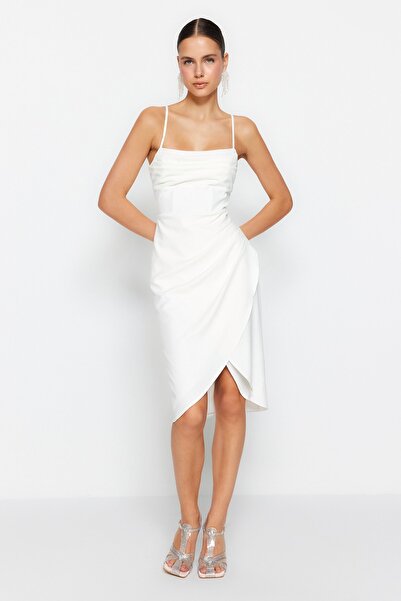 Trendyol Collection Ecru dvouřadé lemované tkané svatební/svatební elegantní společenské šaty TPRSS23EL00093