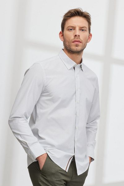 ALTINYILDIZ CLASSICS Ανδρικό πουκάμισο λευκό-χακί Slim Fit Slim Fit με κρυφό γιακά με στάμπα