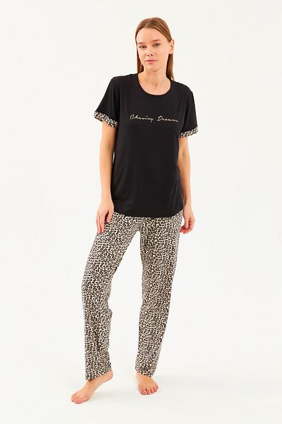 Ecrou Γυναικείο Σετ Πιτζάμα Μαύρο T-shirt Leopard Bottom 2 τεμαχίων