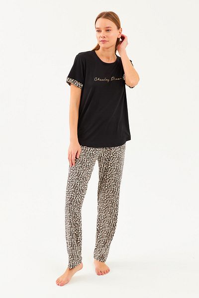 Ecrou Γυναικείο Σετ Πιτζάμα Μαύρο T-shirt Leopard Bottom 2 τεμαχίων