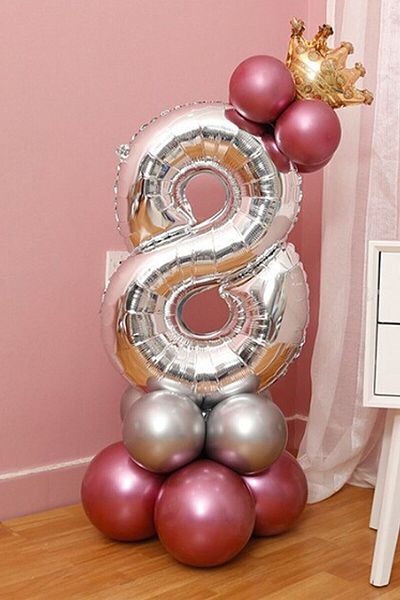 LOTUS PARTY 8 Year Old Silver Number Balloon Gold King Crowned Balloon Set
