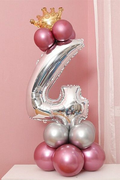 LOTUS PARTY 4 Year Old Silver Number Balloon Gold King Crowned Balloon Set