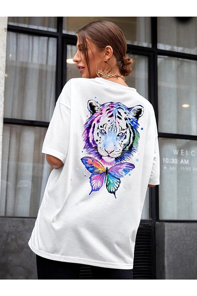 DEEPSENCE Γυναικείο Oversize Λευκό T-shirt Πολύχρωμο Tiger Back Printed