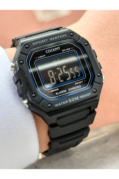 Cockpit Brand Water Resist, Alarm, Illuminated, Black Silicone Strap Square Sports Wristwatch for Men/Women