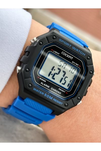 Cockpit Brand Water Resist, Alarm, Illuminated, Blue Silicone Strap Square Sports Wristwatch for Men/Women