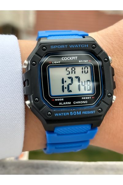 Cockpit Brand Water Resist, Alarm, Illuminated, Blue Silicone Strap Square Sports Wristwatch for Men/Women