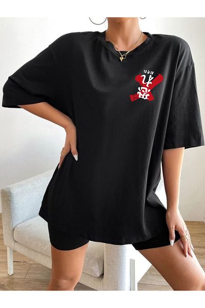 DEEPSENCE Tricou negru oversize de damă cu imprimeu Osaka