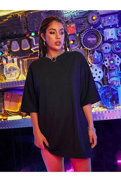 DEEPSENCE Tricou negru oversize pentru femei Tokyo Kus Back Printed