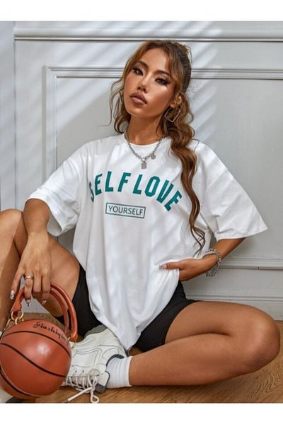 DEEPSENCE Γυναικείο Oversize Λευκό T-shirt Selflove με στάμπα μπροστά