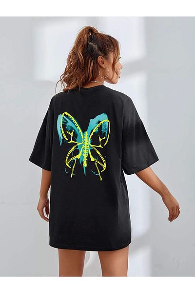 DEEPSENCE Tricou alb oversize de damă Butterfly Xr imprimat pe spate