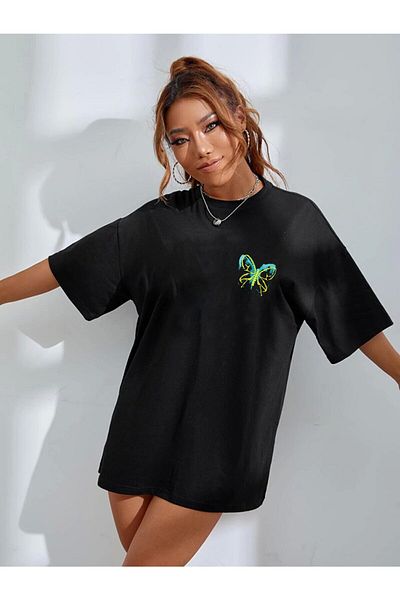 DEEPSENCE Tricou alb oversize de damă Butterfly Xr imprimat pe spate