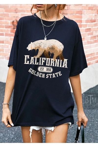 Buğraterzimoda California Golden State Printed Vintage Navy Blue Oversize Women's T-shirt