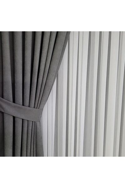 Yuka Diamond Double Wing Gray Velvet Textured Sparse Pleated Plain Island Background Curtain Sade100 X 260