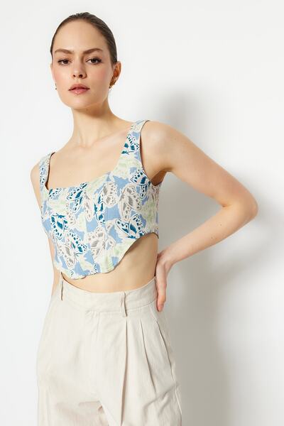 Trendyol Collection Multicolor Corset Strap Floral Crop Woven Blouse Twoss23Bz00772