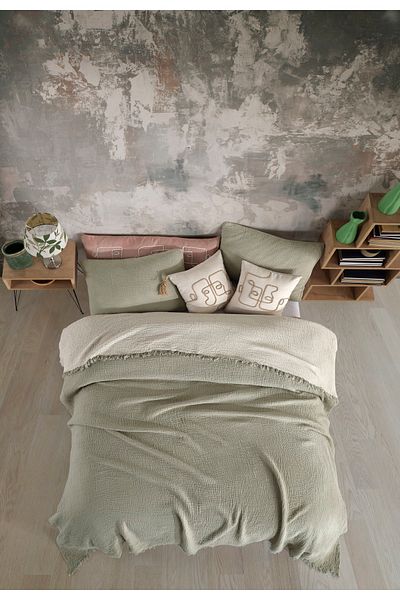 destinyhometex Cuvertură de pat dublă verde salvie 4 straturi muselină 100% bumbac 200x240cm