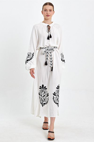 Denismoda Rochie de damă cu mânecă lungă, cu guler judecător, cu șireturi, cu detalii de broderie