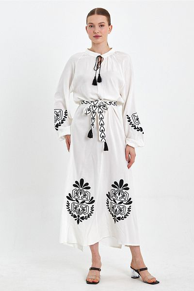 Denismoda Rochie de damă cu mânecă lungă, cu guler judecător, cu șireturi, cu detalii de broderie