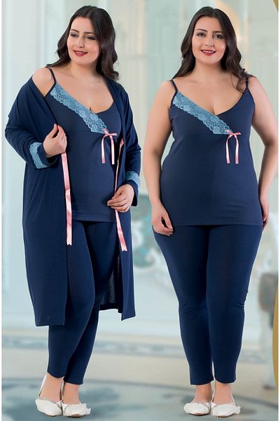 JENİKA Women's Large Size Lace Detail 3-Piece Dressing Gown Leggings Pajama Set
