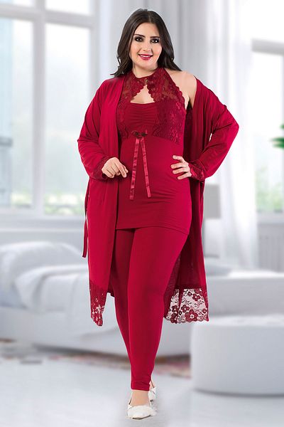JENİKA Women's Large Size Lace Detail Dressing Gown Leggings Pajama Set