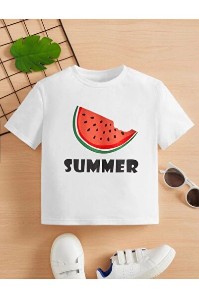 MORNİNG KİDS Tricou alb cu imprimeu pepene verde de vară