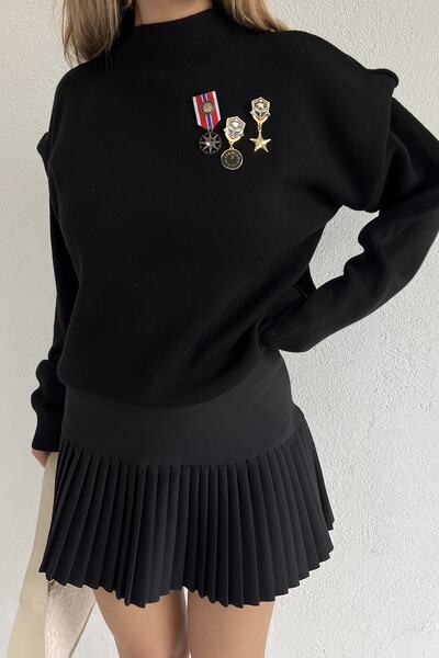 LE CARAMBOLE Γυναικείο Αξεσουάρ μαύρο μενταγιόν Λεπτομερές μανίκι Πλεκτό πουλόβερ