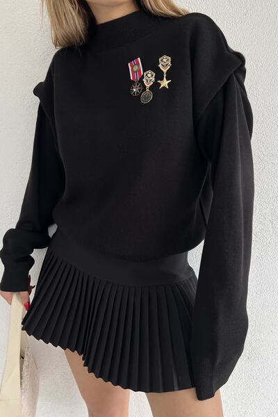 LE CARAMBOLE Γυναικείο Αξεσουάρ μαύρο μενταγιόν Λεπτομερές μανίκι Πλεκτό πουλόβερ