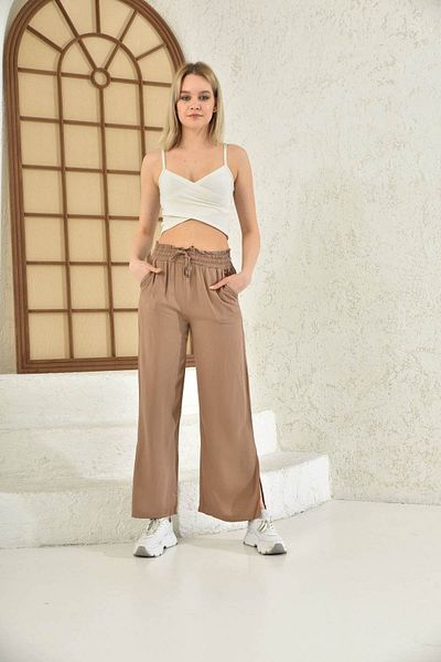 diaves original designs Women's Summer Belmando Fabric Elastic Waist Belt Detail Side Slit Brown Palazzo Trousers