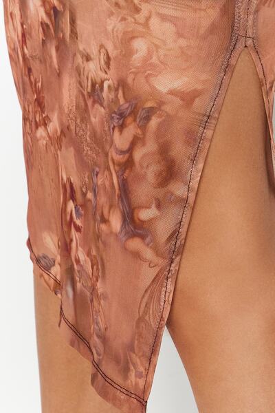 Trendyol Collection Premium Καφέ Μοτίβο Εφαρμοσμένο Midi Stretch Πλεκτό Φόρεμα TWOSS23EL01110