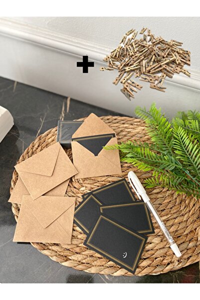 Elysian Boş Not Kartı 50 Adet Siyah Kart 50 Mini Mandal 50 Adet Zarf 1 Adet B...