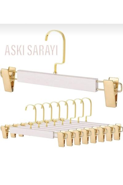 menofis White Wooden Clothes and Trousers Hanger with Gold American Hooks 12+12 Piece Special Set -hanger Palace -