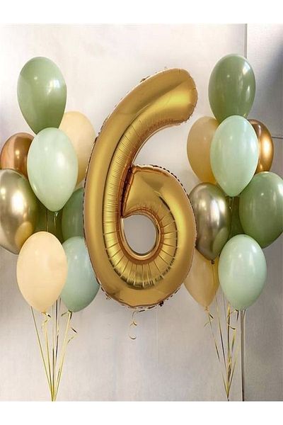 DÜVENCİ TİCARET 1-9 Years Gold Balloon and 16 Balloons (4mold+4mintgreen+4salmon+2gold+2silver) 16in1