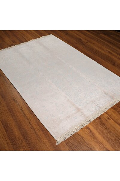 Halıcızade Krem Mavi Damask Tasarım Vintage Desenli Pamuk Bambu El Dokuma Halı