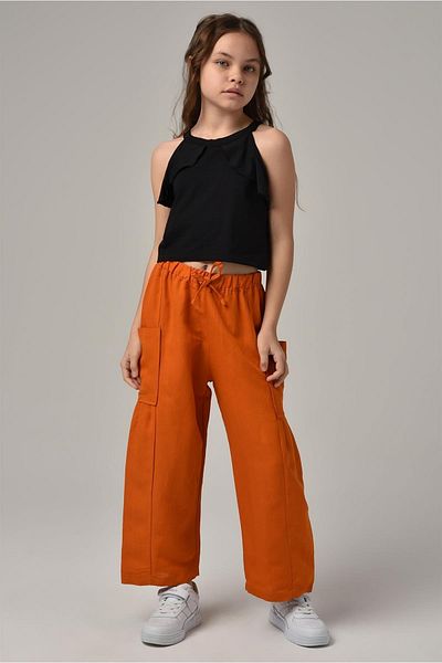 Çikoby Girl's Side Pocket Wide Leg Trousers with Elastic Waist