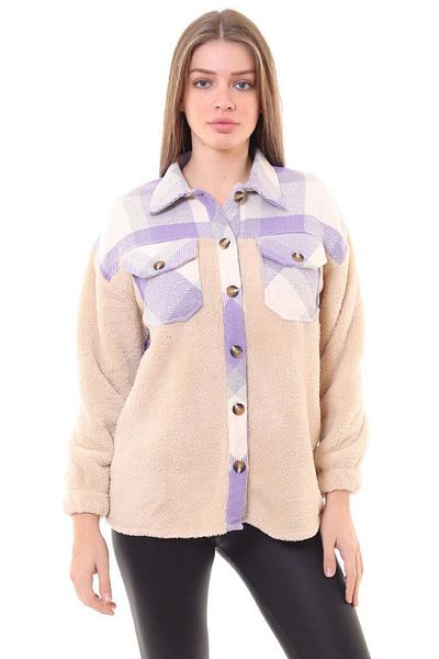 fehika Women's Lilac Plaid Checked Plush Shirt Jacket