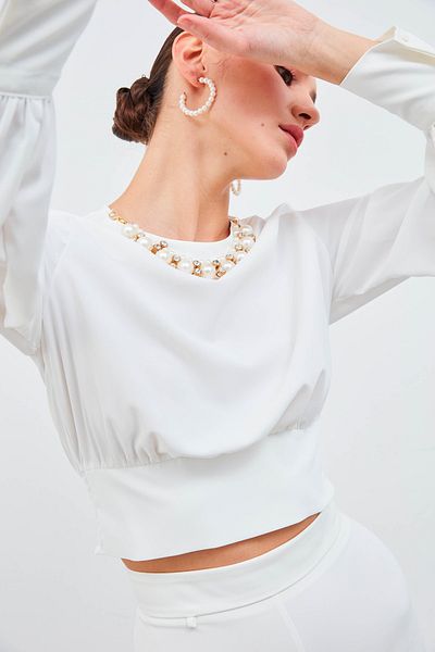 Sateen Bluză Crop Detaliată Colier - Ecru