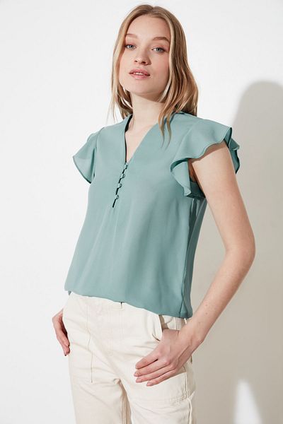 Trendyol Collection Menta gombos részletesen folyós, félig áttetsző szőtt blúz TWOSS20BZ0894