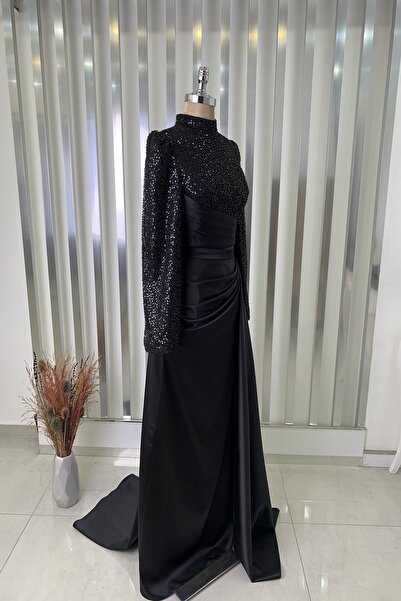 Rana Zenn Siyah Kuyruklu Drapeli Boncuk Detaylı Lavin Abiye